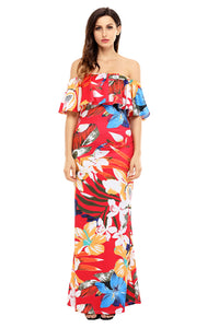 Red Floral Print Off Shoulder Maxi Boho Dress