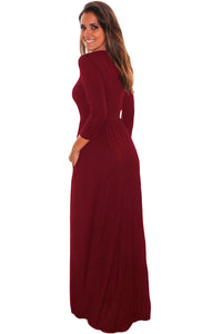 Burgundy Pocket Design 3/4 Sleeves Maxi Dress