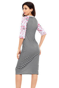 Black White Stripe Floral Sleeve Midi Dress
