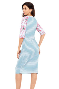 Blue White Stripe Floral Sleeve Midi Dress