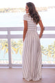 Grey Striped Ivory Short Sleeve Maxi Dress