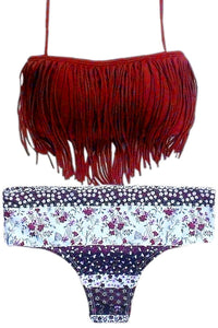 Burgundy Halter Fringed Floral Printed Bikini Swimsuit