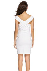 White Cross Neck Ribbed Bardot Dress