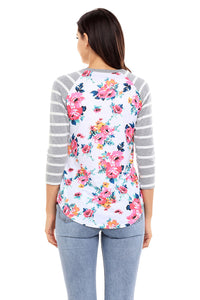 Grey Striped Sleeves White Floral Top