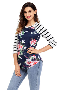 White Striped Sleeves Navy Floral Top