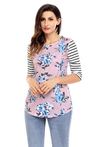 White Striped Sleeves Pink Floral Top