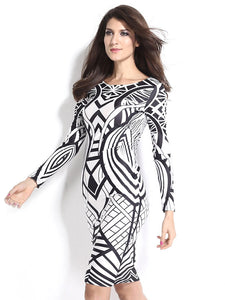 Tribal Aztec Black White Tight-fitting Midi Dress