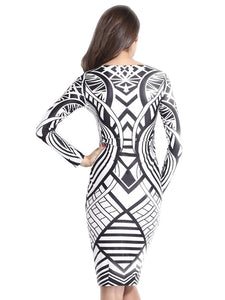 Tribal Aztec Black White Tight-fitting Midi Dress