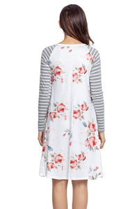 White Floral Print Stripe Raglan Sleeve Dress