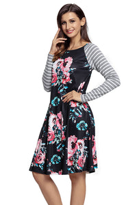 Black Floral Print Stripe Raglan Sleeve Dress