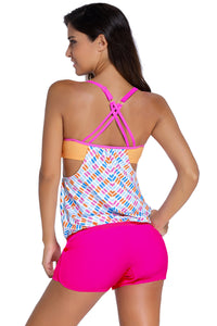 Printed Layered-Style Rosy Tankini with Swim Trunks