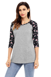 Black Floral Print Raglan Sleeve Gray Top