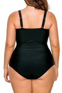 Black Sheer Lace Insert Ruched Plus One Piece Swimsuit