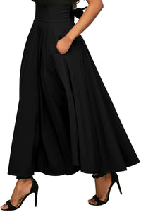 Black Retro High Waist Pleated Belted Maxi Skirt
