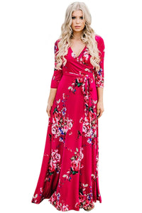 Scarlet Floral Print Wrapped Long Boho Dress