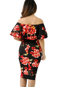 Black Red Floral Layered Ruffle Off Shoulder Midi Dress