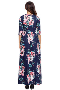 Classic Floral Print Navy 3/4 Sleeve Maxi Dress.