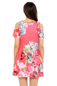 Ruffled Cold Shoulder Rosy Floral Dress