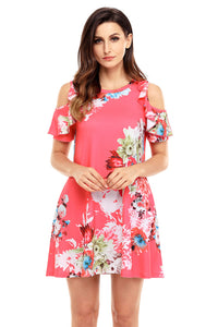 Ruffled Cold Shoulder Rosy Floral Dress