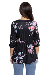 Black Floral Print Lace Up V Neck Sleeved Blouse