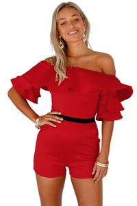Red Ruffle Off Shoulder Party Romper