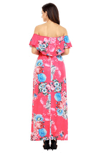 Flower Print Rosy Grounding Off Shoulder Long Boho Dress