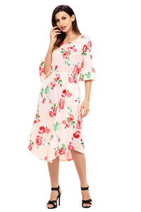 Pink 3/4 Bell Sleeve Floral Midi Dress