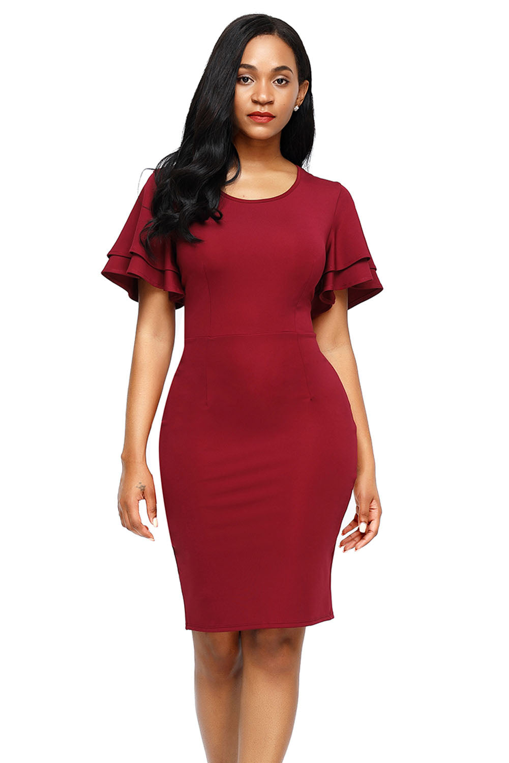 Sexy Purplish Red Flare Sleeve Back Slit Sheath Dress – SEXY