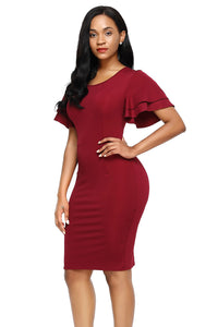 Purplish Red Flare Sleeve Back Slit Sheath Dress