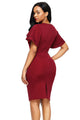 Purplish Red Flare Sleeve Back Slit Sheath Dress