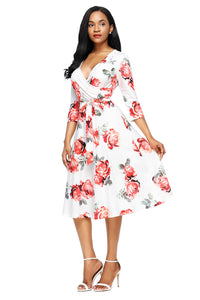 Red Blossom Print White Wrap Floral Dress