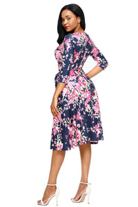 Rosy Blossom Print Navy Wrap Floral Dress