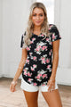 Black Floral V Neck Short Sleeve T-shirt