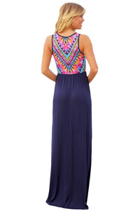 Stylish Tribal Print Sleeveless Navy Maxi Dress