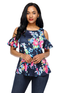 Multi Floral Print Navy Background Womens Top
