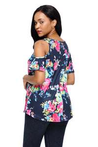 Multi Floral Print Navy Background Womens Top