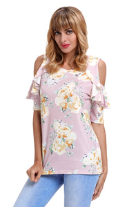 Pink Floral Cold Shoulder Top with Ruffle Sleeve