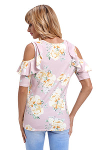 Pink Floral Cold Shoulder Top with Ruffle Sleeve