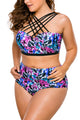 Bright Strappy High Neck Printed 2pcs Plus Size Swimsuit