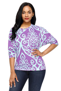 Purple Aqua Damask Print Half Sleeve Top