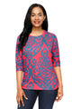 Red Blue Damask Print Half Sleeve Top