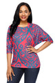 Red Blue Damask Print Half Sleeve Top