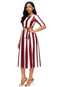 Wine Stripe Print Half Sleeve Belted Dress