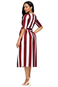Wine Stripe Print Half Sleeve Belted Dress