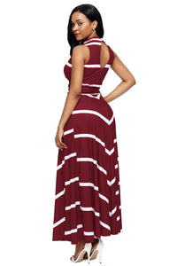 Wine V Neck Cut out Back Printed Maxi Dress