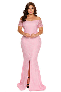 Pink Plus Size Off Shoulder Lace Gown