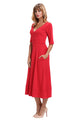 Red Half Sleeve V Neck High Waist Flared Dress
