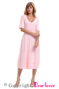 Pink Half Sleeve V Neck High Waist Flared Dress