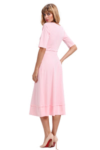 Pink Half Sleeve V Neck High Waist Flared Dress