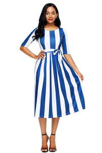 Blue Stripe Print Half Sleeve Belted Dress